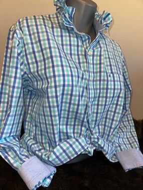 Izod  Blue, Teal and White Plaid Ruffled collar Shirt